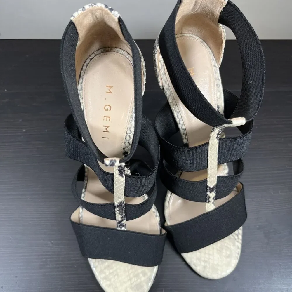 M. Gemi Black/snakeskin Strappy High Heels Sandals Leather Womens Size 38 Europe